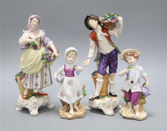 A pair of Rudolf Kammer, Volkstedt figures of grape pickers and a pair of Leonardo figures of children picking grapes H.23cm